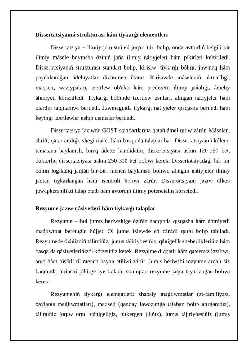 Dissertatsiya, rezume hám annotatsiya tayarlaw ásasları 4