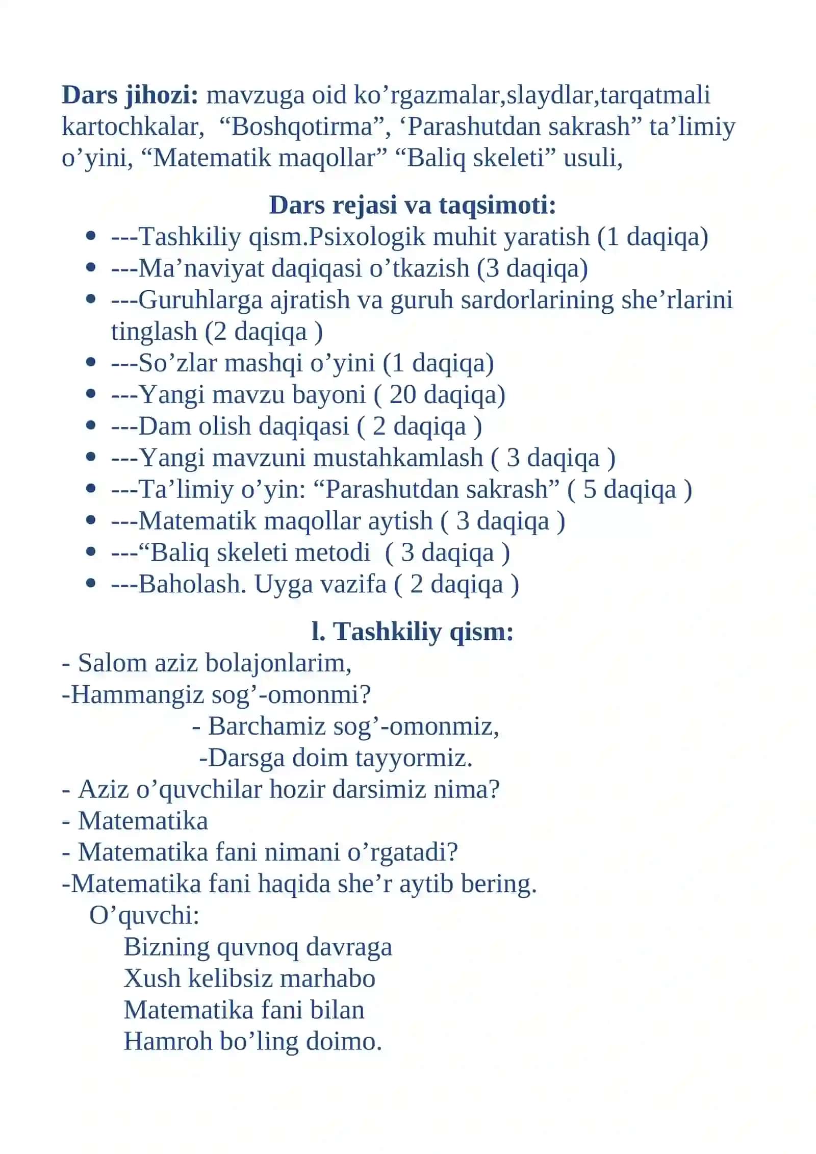 3-sinf Matematika fanidan O'tilganlarni mustahkamlash dars ishlanmasi 4
