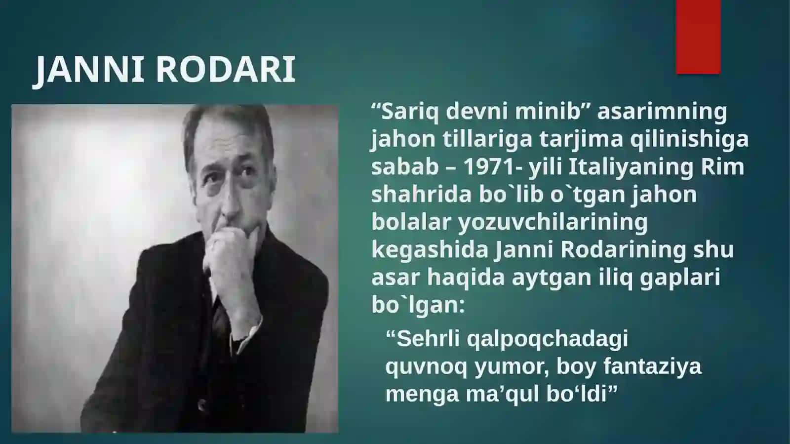 BOLALAR ADABIYOTI VA IFODALI O’QISH: 2-13: Xudoyberdi to`xtaboyevning “sariq devni minib” asari tahlili 4