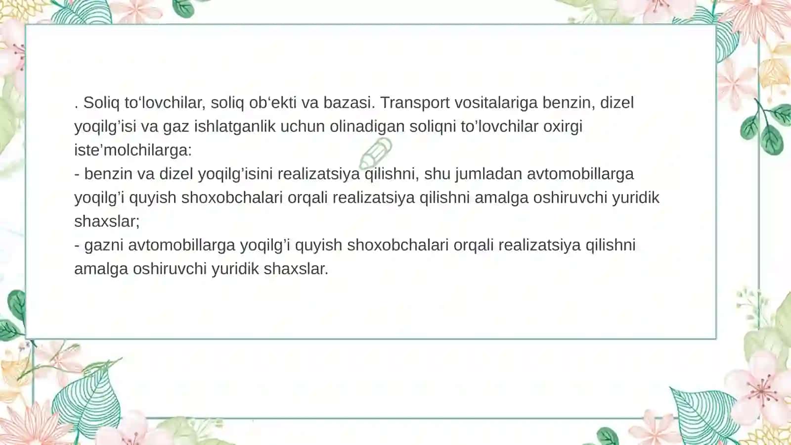 Transport vositalardan benzin dizel yoqilg‘isi va suyultirilgan gaz ishlatilganlik uchun soliqni hisoblash tartibi 4