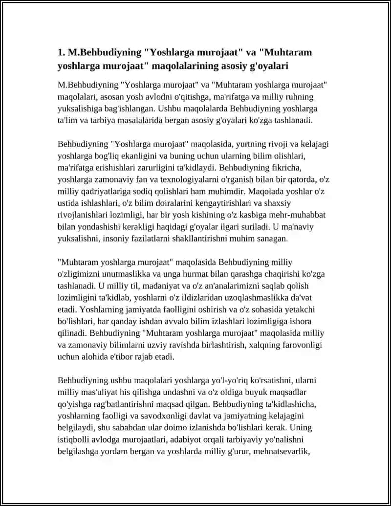 M.BEHBUDIYNING "YOSHLARGA MUROJAAT" VA "MUHTARAM YOSHLARGA MUROJAAT" MAQOLALARINI TAHLIL ETISH VA ESSE TAYYORLASH 4