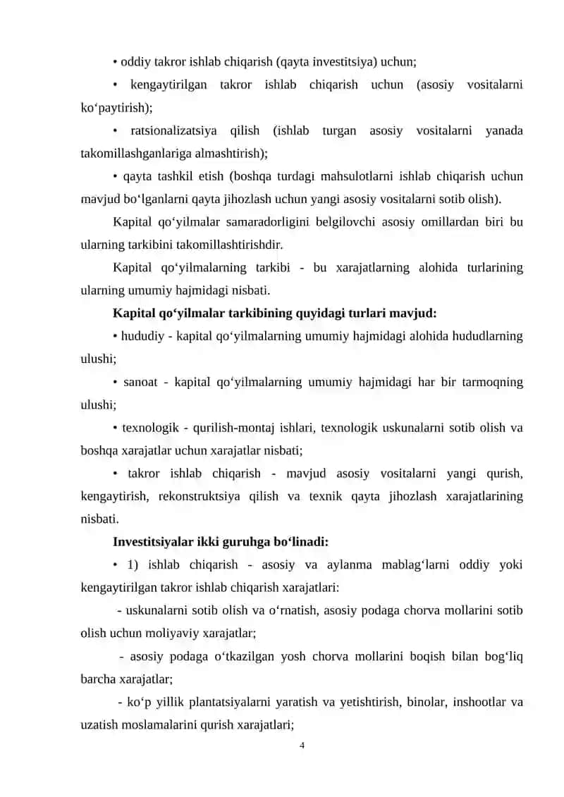 10-МАВЗУ. QISHLOQ XO‘JALIGIDA INVESTITSIYALAR VA ULARDAN FOYDALANISH SAMARADORLIGI 4