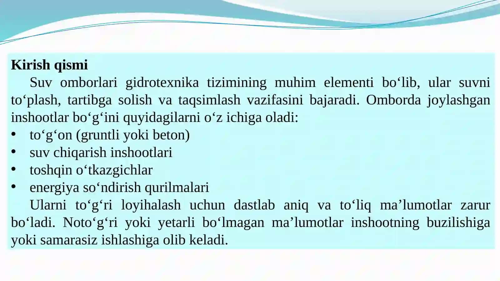 Suvomborlaridagi inshootlar bo‘g‘ini loyihalash uchun dastlabki ma’lumotlarni o‘rganish 4