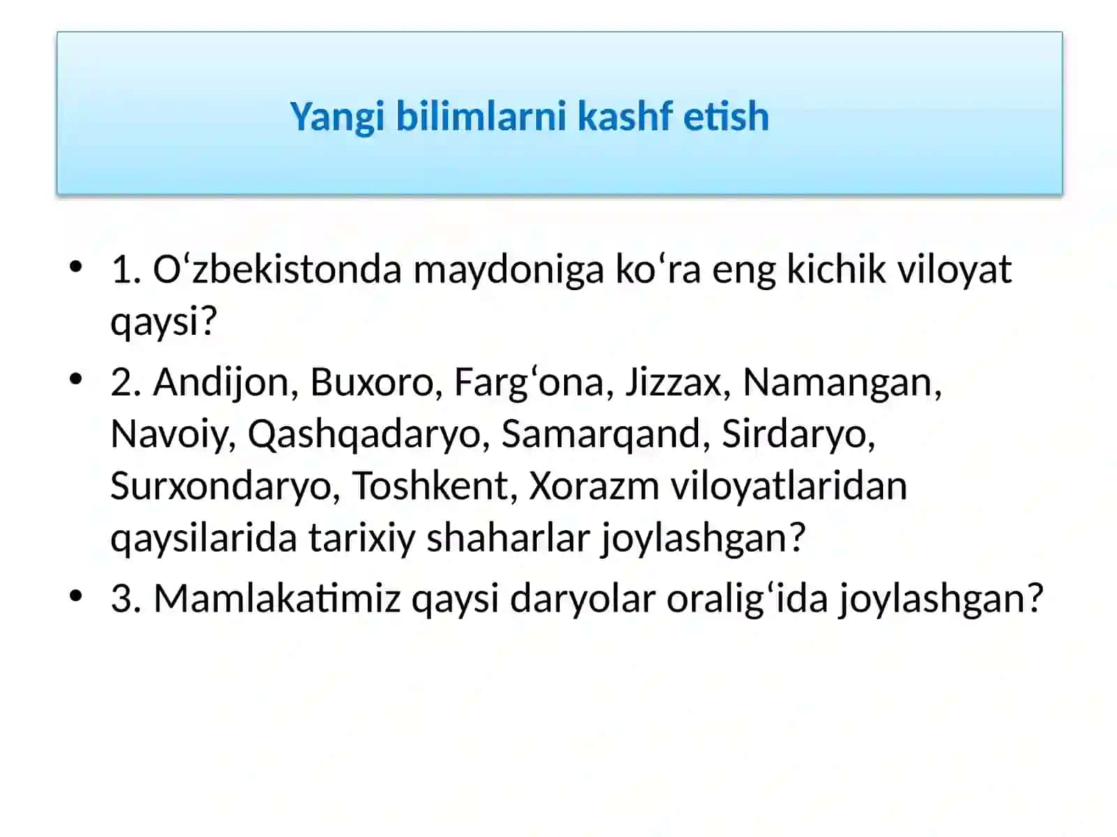 O‘zbekistonning MA’MURIY-HUDUDIY BO‘LINISHI VA CHEGARA DAVLATLARI MOZAIKASI 4