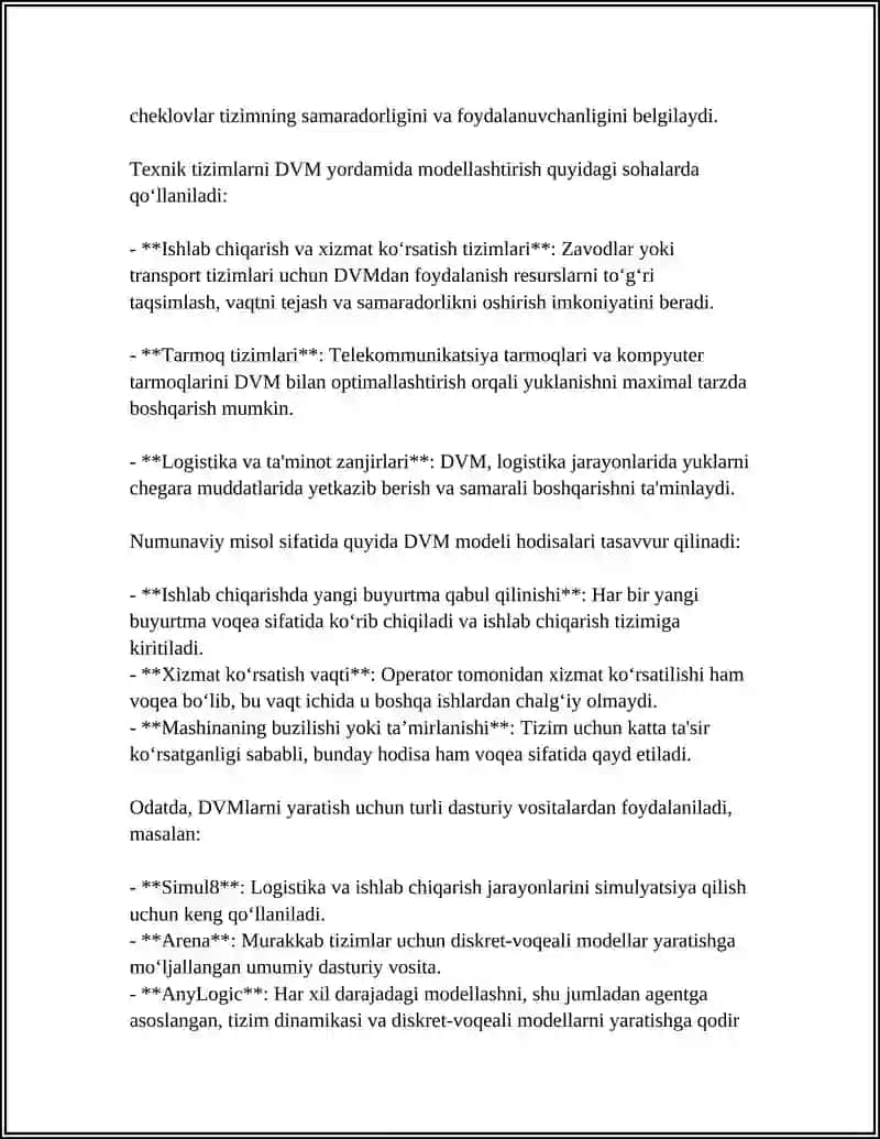 TEXNIK OBYEKTLARGA IMMITATSION MODELLARNI YARATISH VA TAHLIL ETISH 4