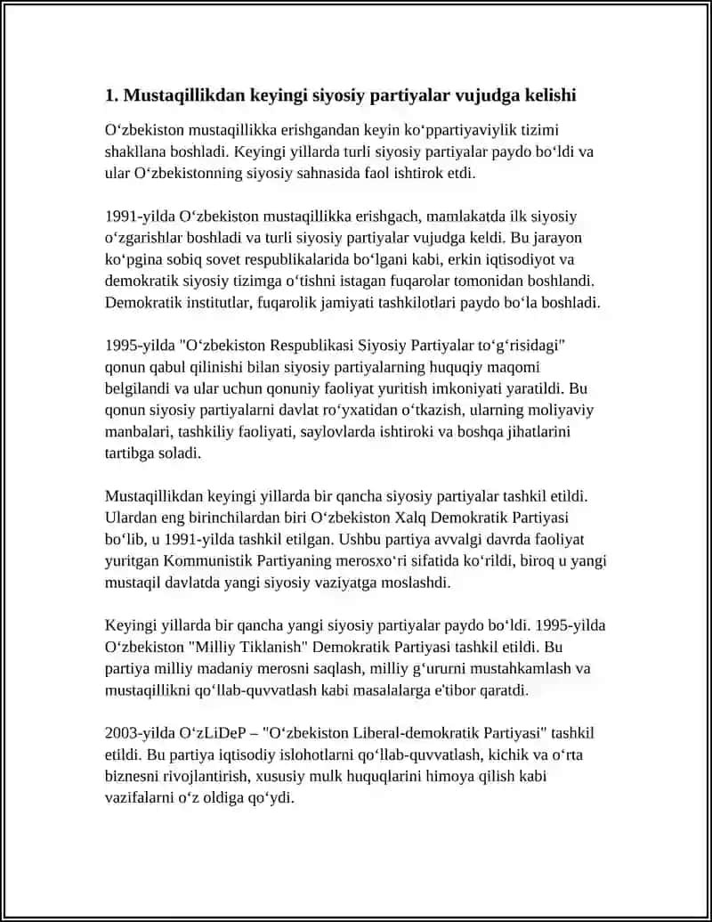O'ZBEKISTONDA KO'P PARTIYAVIYLIK TIZIMINING SHAKLLANISH TARIXI. HOZIRDA MAVJUD BO'LGAN SIYOSIY PARTIYALAR 4