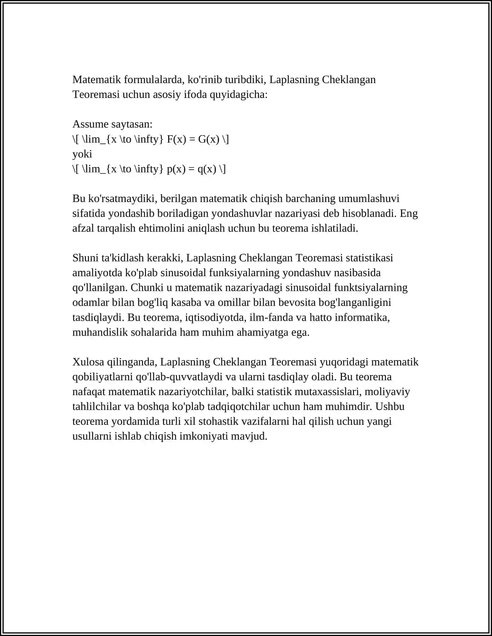 MUAVR-LAPLASNING LIMIT TEOREMALARI VA ULARNING TADBIQLARI 4