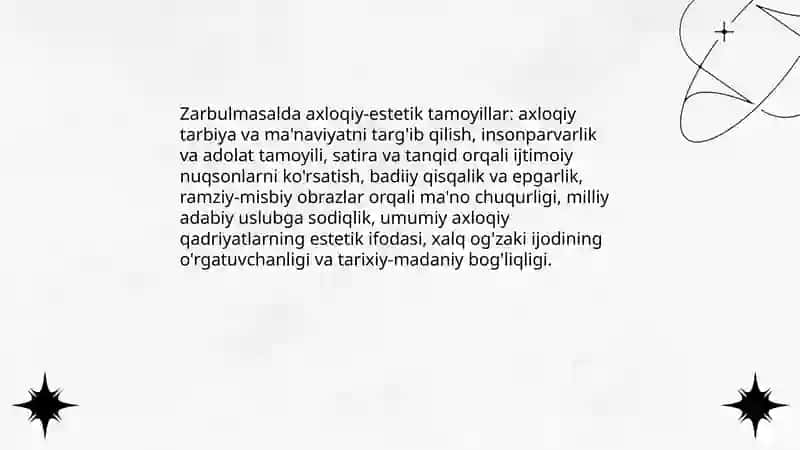 Zarbulmasalning g'oyaviy badiiy xususiyatlari 4
