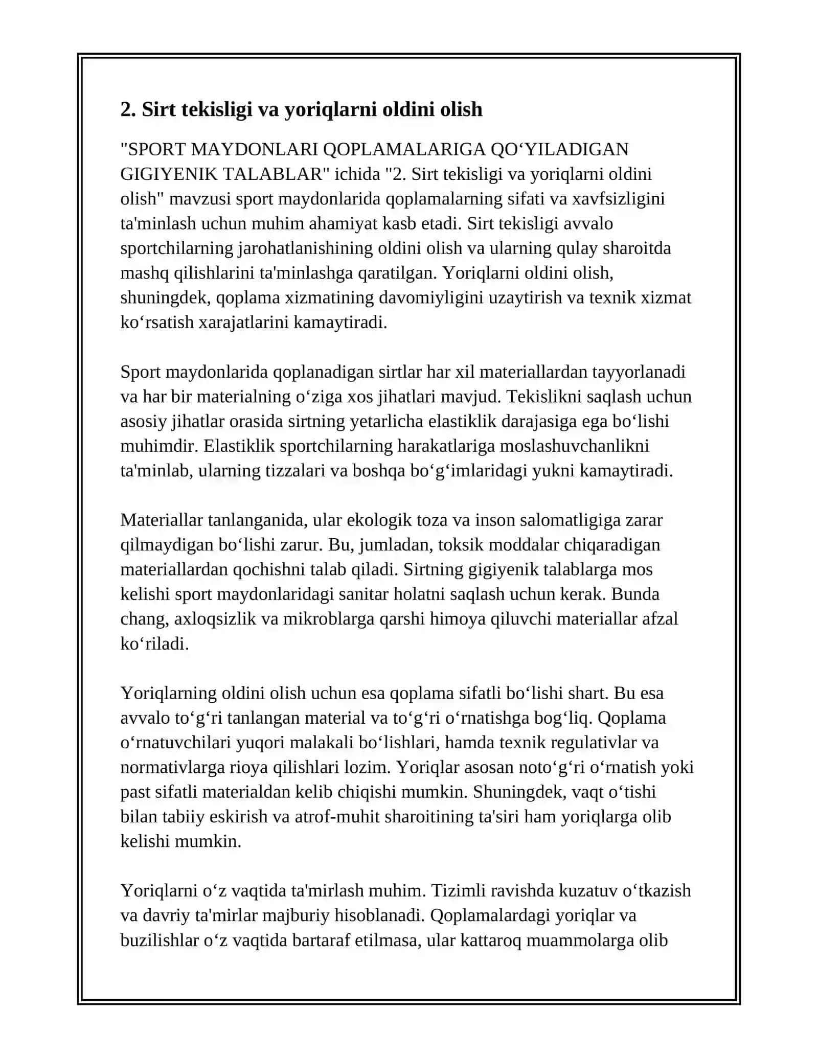 SPORT MAYDONLARI QOPLAMALARIGA QO‘YILADIGAN GIGIYENIK TALABLAR 4