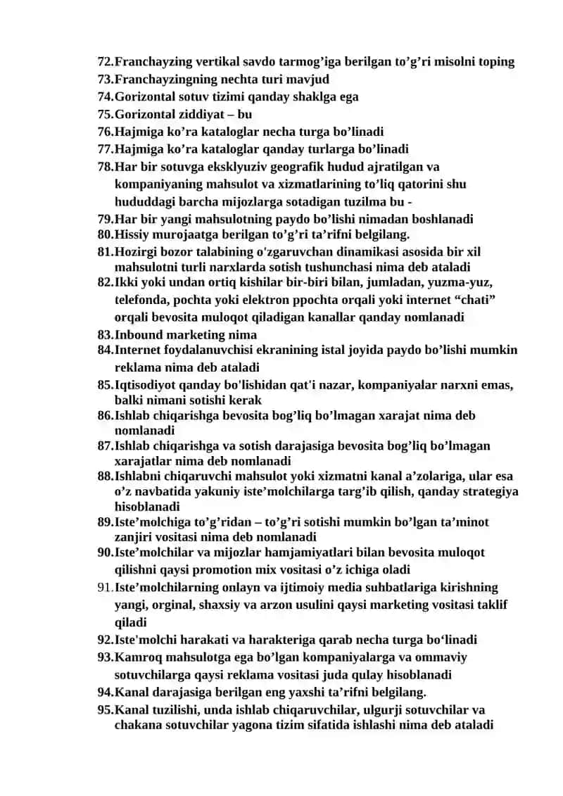 “Principles of Marketing” fanidan yakuniy nazorat testlari 4