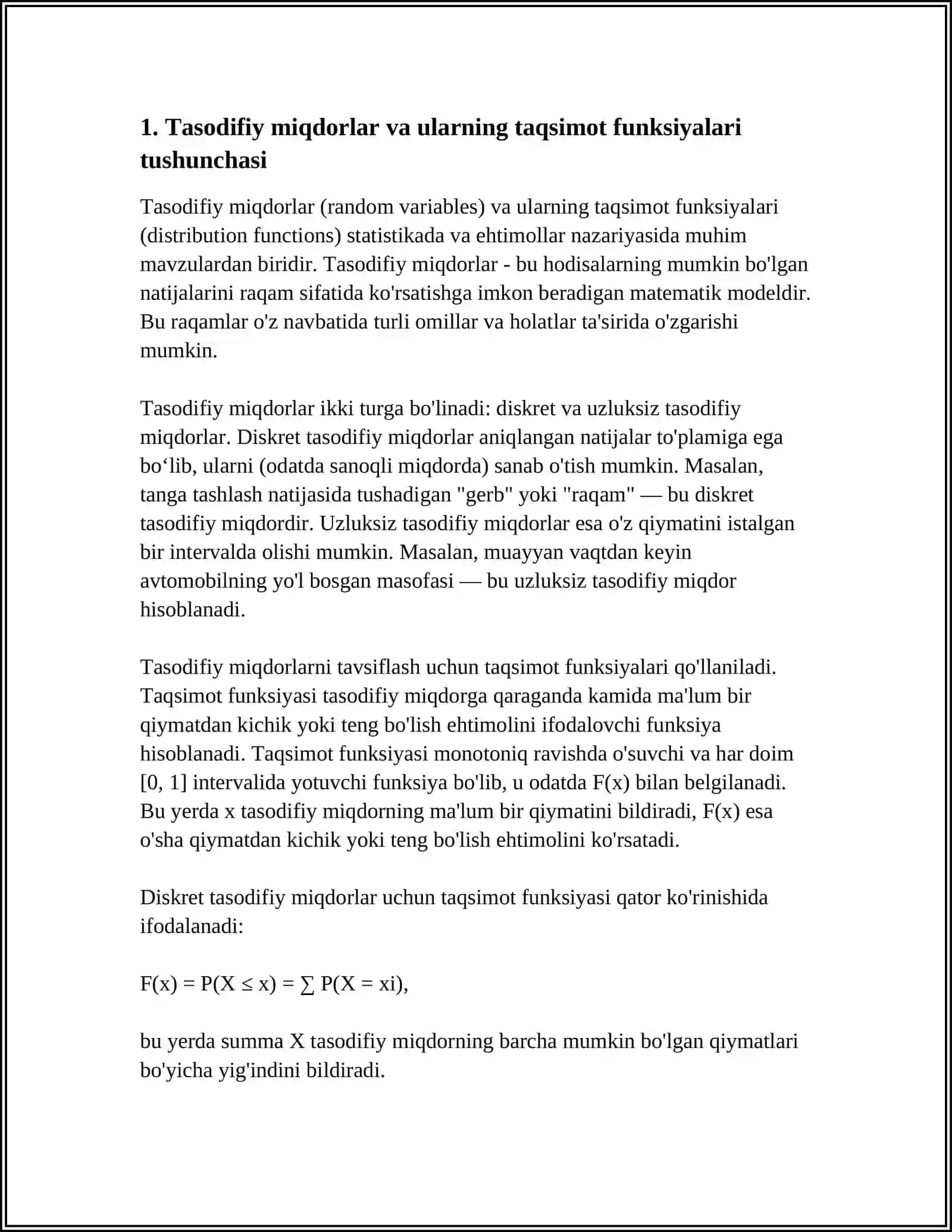 TASODIFIY MIQDORLAR VA ULARNING TAQSIMOT FUNKSIYALARIGA DOIR AMALIY TOPSHIRIQLAR 4