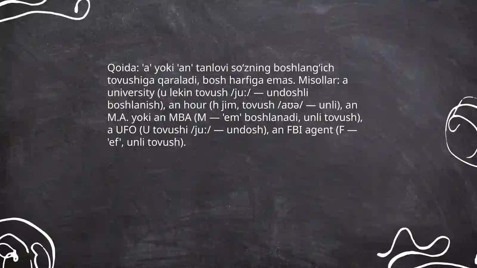 Ingliz tilida "a" va "an" artikillarining ishlatilishi 4