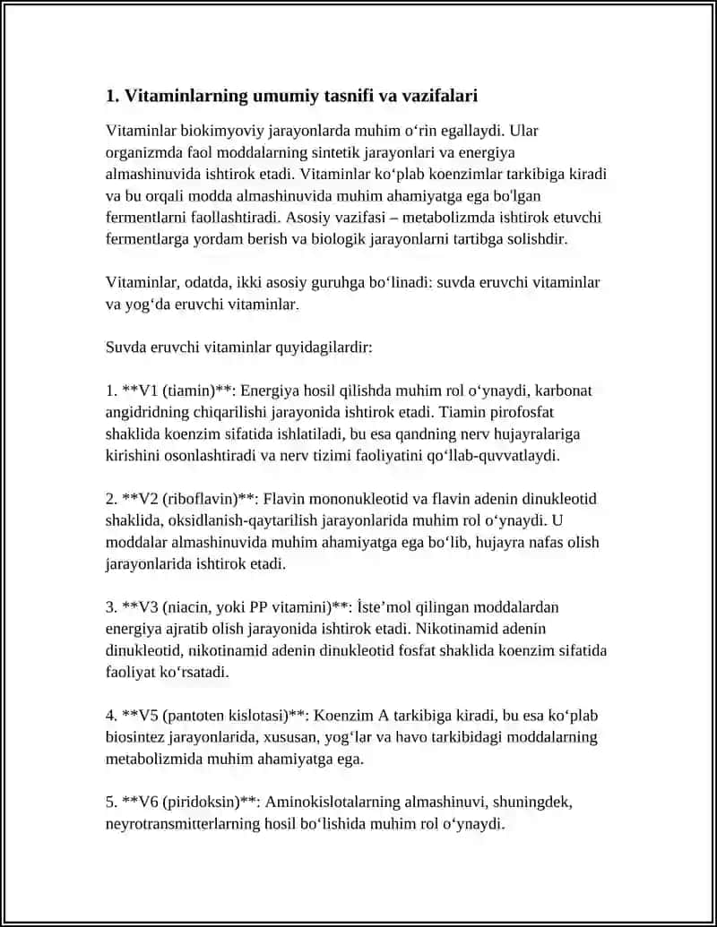 VITAMINLAR. ULARNING MODDALAR ALMASHINUVIDAGI KOFERMENTLIK ROLI. SUVDA VA YOG'DA ERUVCHI VITAMINLAR 4