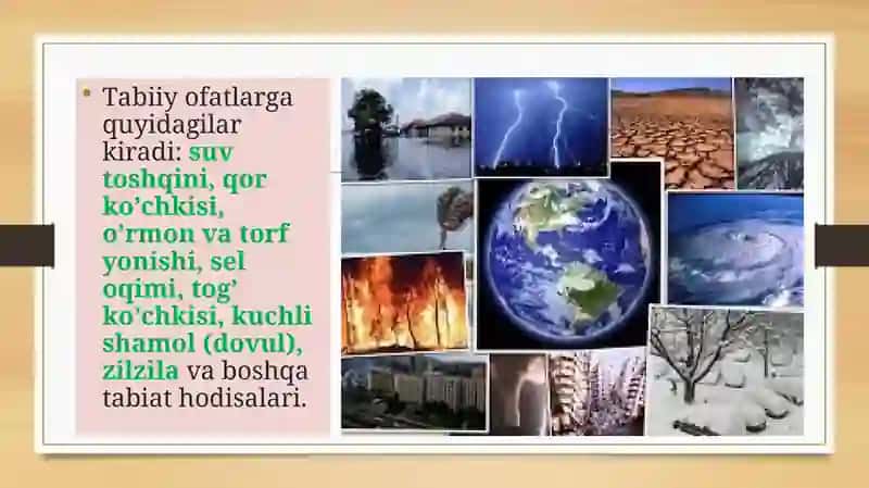 TАBIIY, TEXNOGEN, EKOLOGIK VA IJTIMOIY TUSDAGI FAVQULOTDA VAZIYATLARDA HAYOT FAOLIYATI XAVFSIZLIGI VA FUQARO MUHOFAZASI 4
