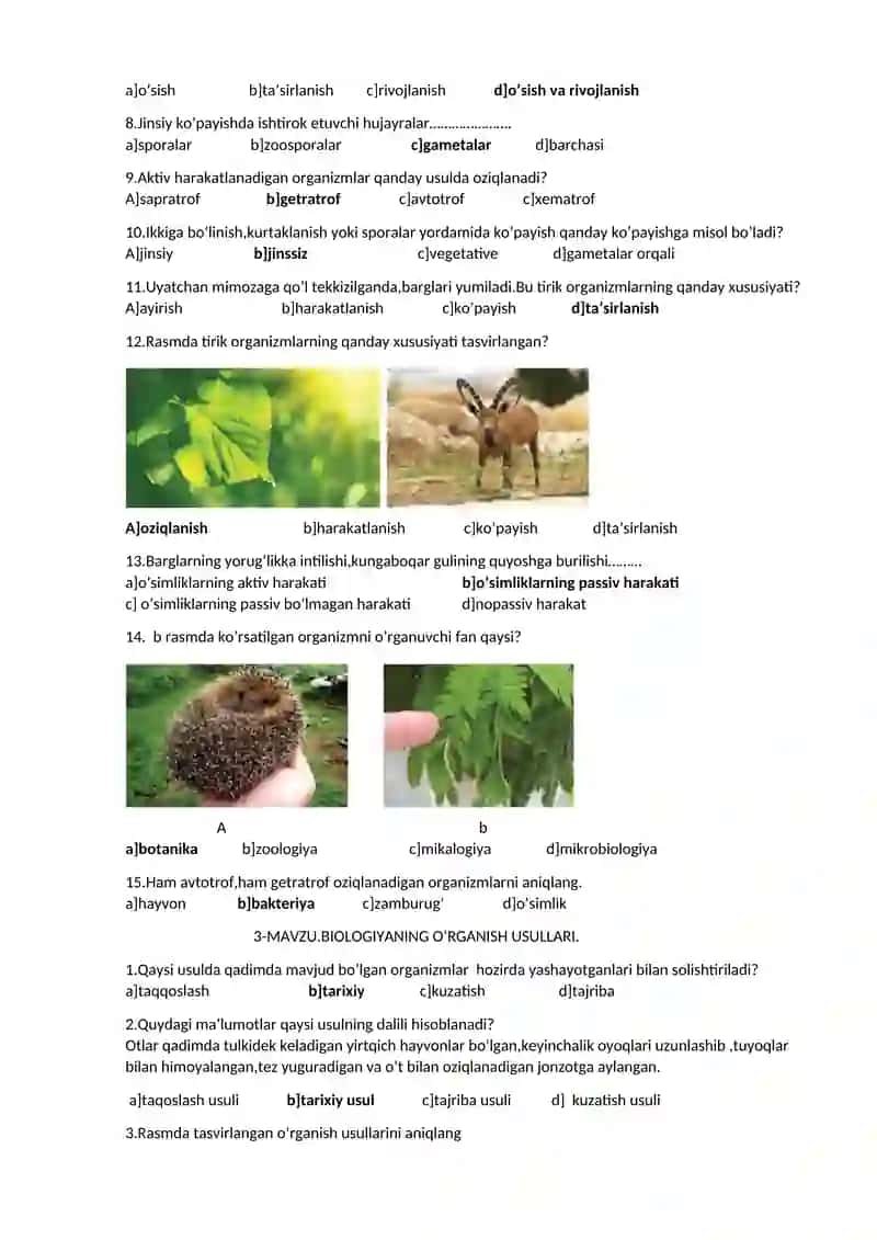 5-SINF BIOLOGIYA DARSLIGI ASOSIDA MAVZULASHTIRILGAN TESTLAR. 4