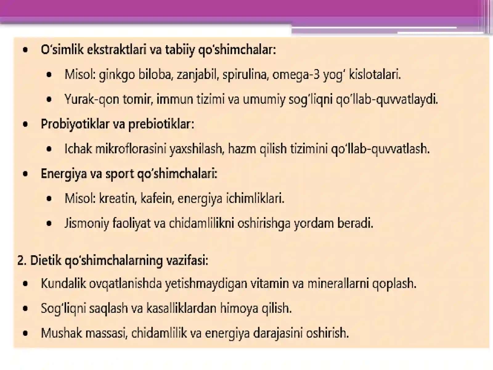 Nutrisiologiyafanidan,:Dietikqôshimchalarfoydasivaxaflari’’mavzusi 4