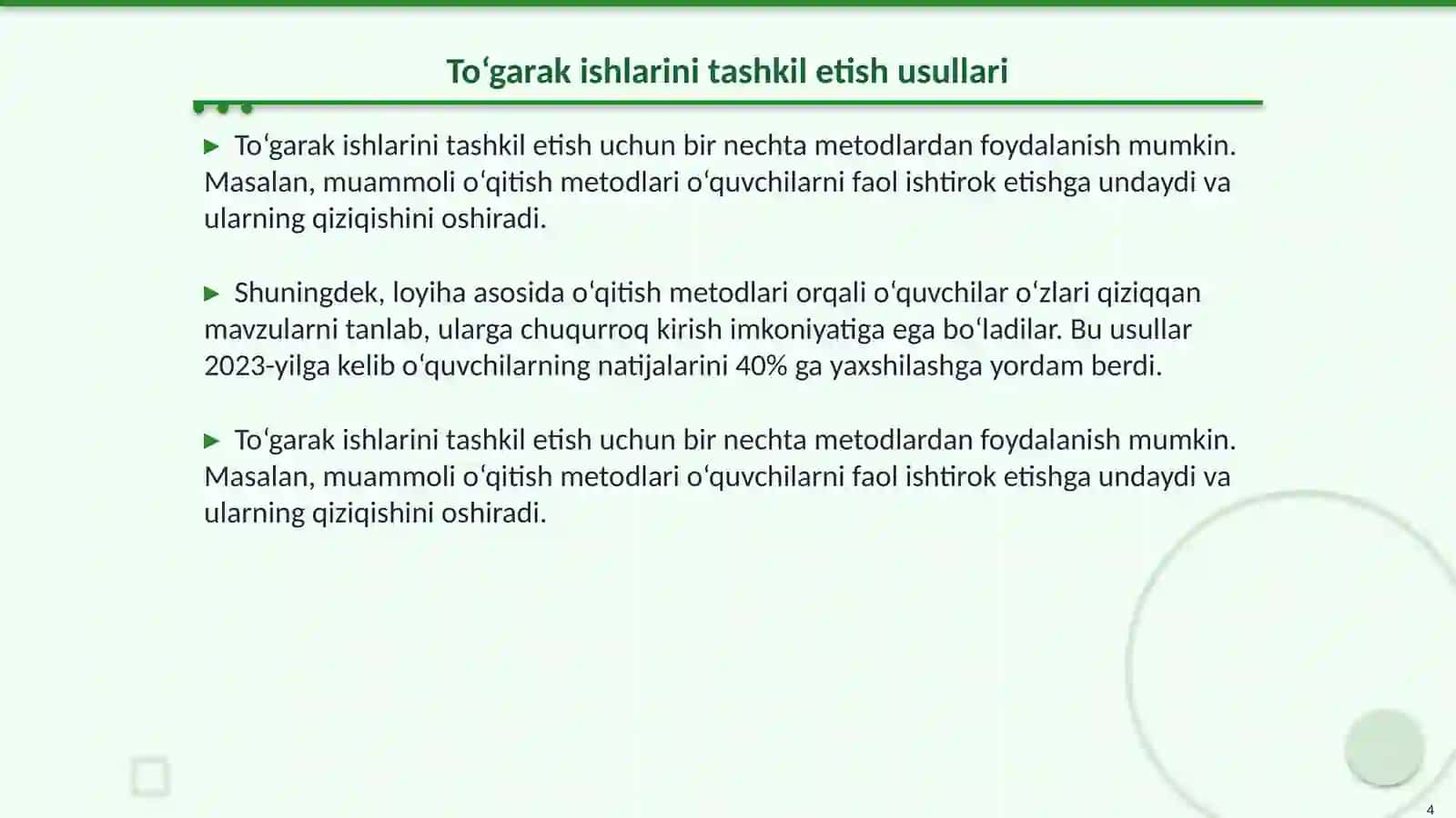 To‘garak ishlarini tashkil qilish metodlari va mashg‘ulotlarga o‘quvchilarni qiziqtirish 4