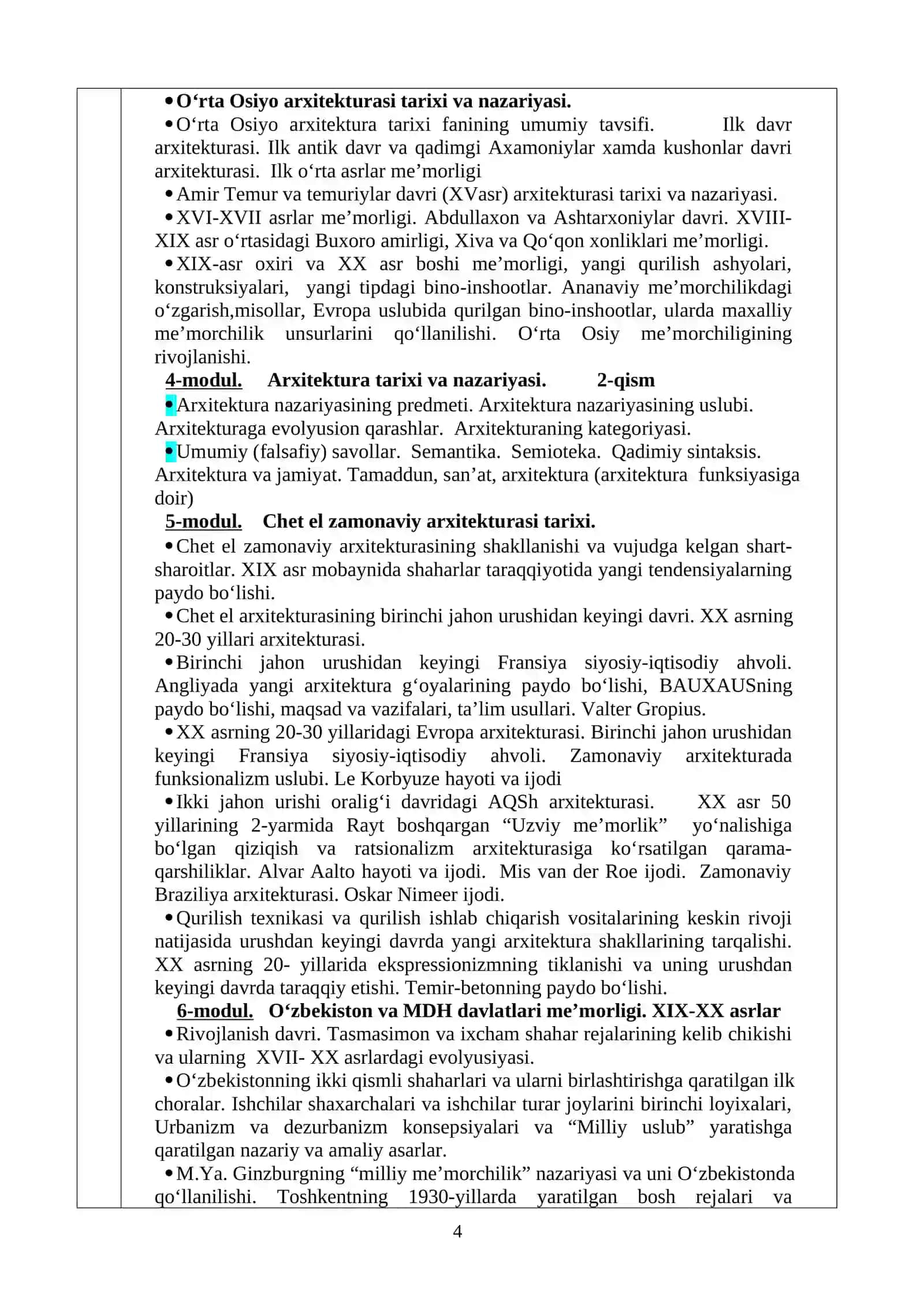 ARXITEKTURA TARIXI va NAZARIYASI FANINING  O’QUV DASTURI 4