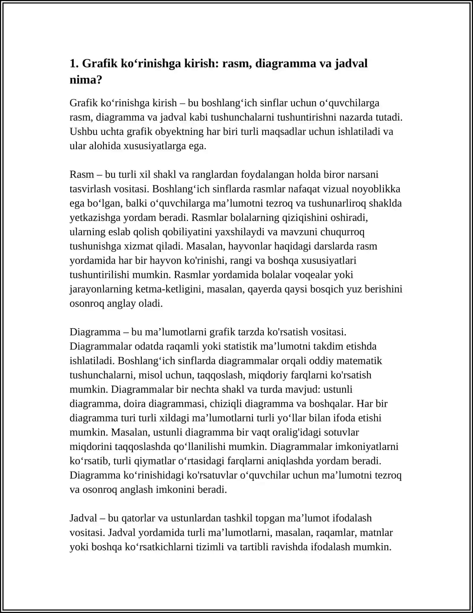 GRAFIK KOʻRINISHDAGI OBYEKTLAR USTIDA ISHLASH. SODDA GRAFIKLAR, DIAGRAMMALAR, JADVALLAR.(BOSHLANGʻICH SINFLAR UCHUN) 4