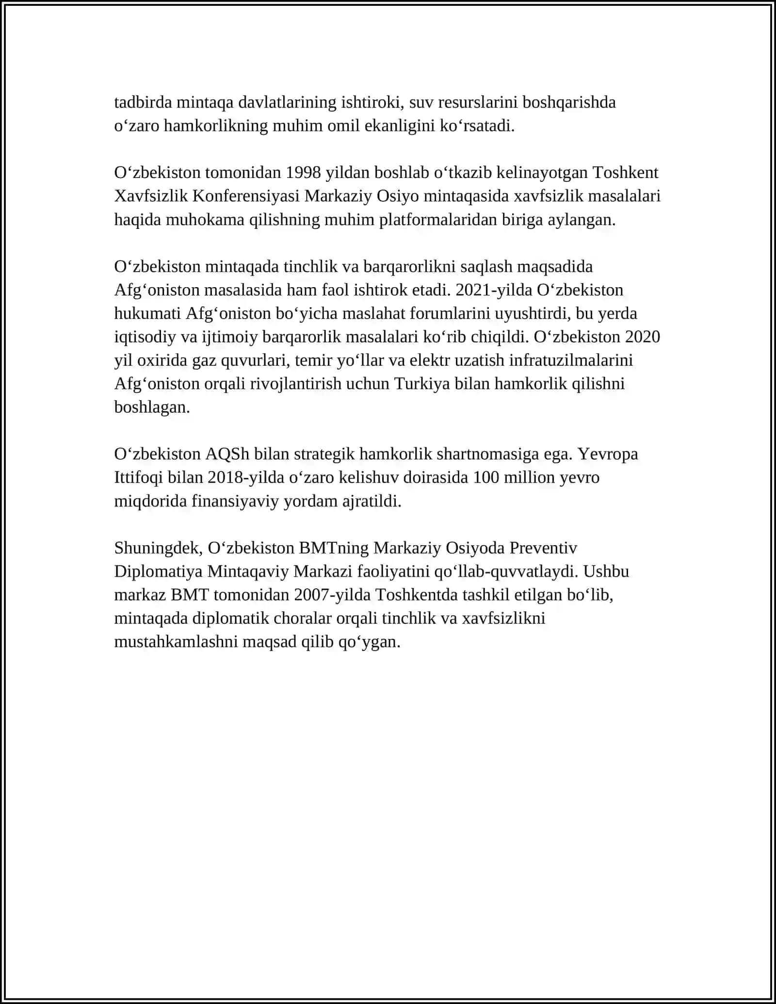 O'ZBEKISTONNING MARKAZIY OSIYODA TINCHLIK VA BARQARORLIKNI TAMINLASHDAGI O'RNI 4