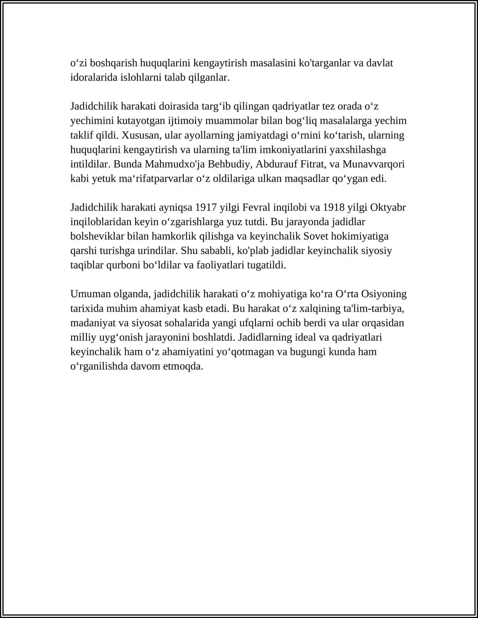 JADID MAPRIFATPARVARLARINING O‘LKA IJTIMOIY-MANAVIY HAYOTIDA TUTGAN O‘RNI (MUNAVVAR QORI,FITRAT,BEHBUDIY,AVLONIY VABOSHQALAR. ) 4