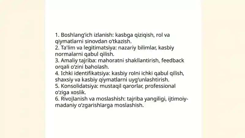 Shaxsda kasbiy ozlikni anglashning psixologik xususiyatlari. Kasbiy faoliyatda shaxsiy fazilatlarning o'rni 4