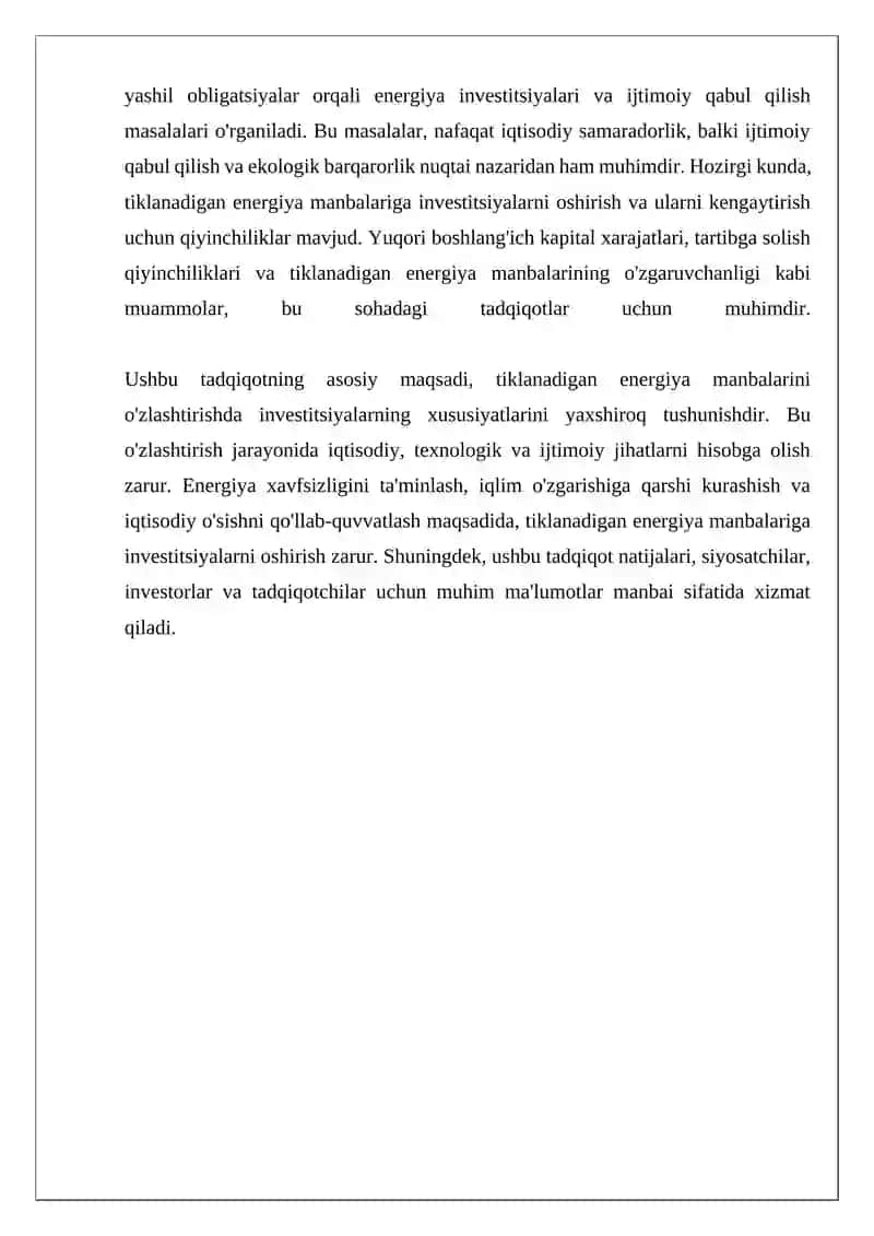 Tiklanadigan energiya manbalarini o'zlashtirishni investitsiyalash xususiyatlari 4
