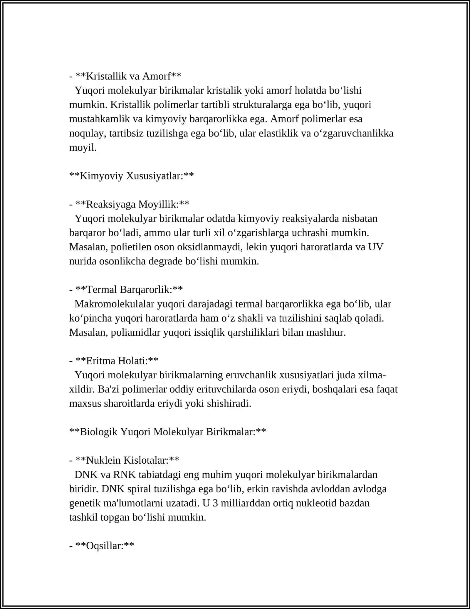 YUQORI MOLEKULYAR BIRIKMALARNING TUZILISHIGA QARAB ERISH BOSQICHLARI VA TAYYORLANISH TEXNOLOGIYALARI 4