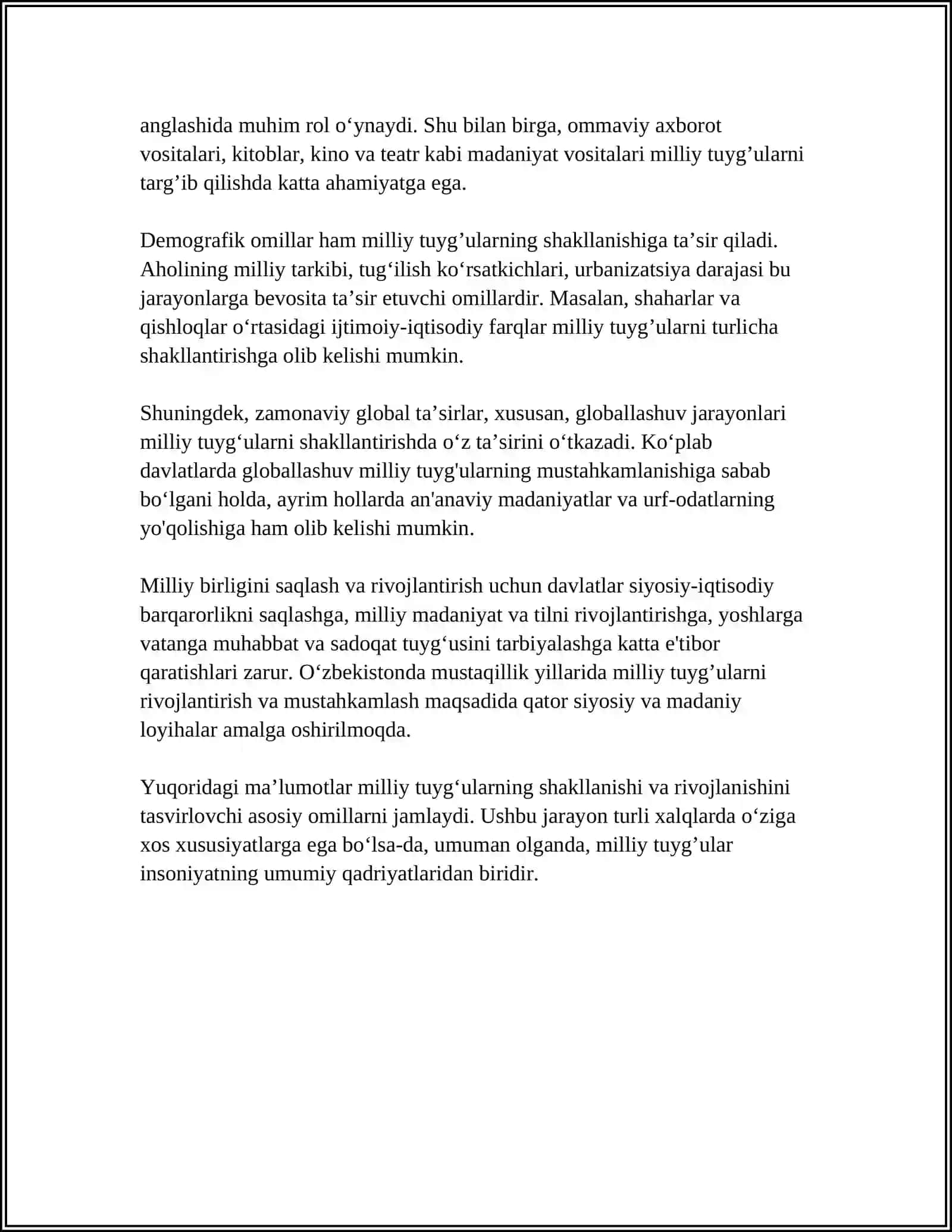 MILLIY TUYG'U,O'ZBEKISTON VATANPARVARLIGI, MILLIY MAFKURAVIY ONGLILIK,VIJDONLIK, MILLATLARARO MULOQAT MADANIYATI, MILLIY G'URUR VA MILLIY ODOB 4