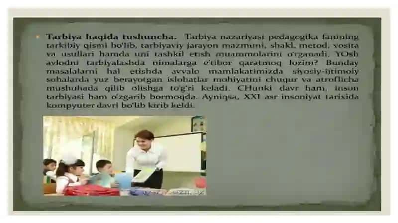 Shaxsning rivojlanishi, tarbiyasi va ijtimoiylashuvi.                        Reja: 1.Shaxsning rivojlanishi 2.Tarbiyalash  3.Ijtimoiylashuv 4.Shaxsning rivojlanishiga ta’sir qiluvchi omillar  5.Tarbiyaning asosiy vazifasi 4