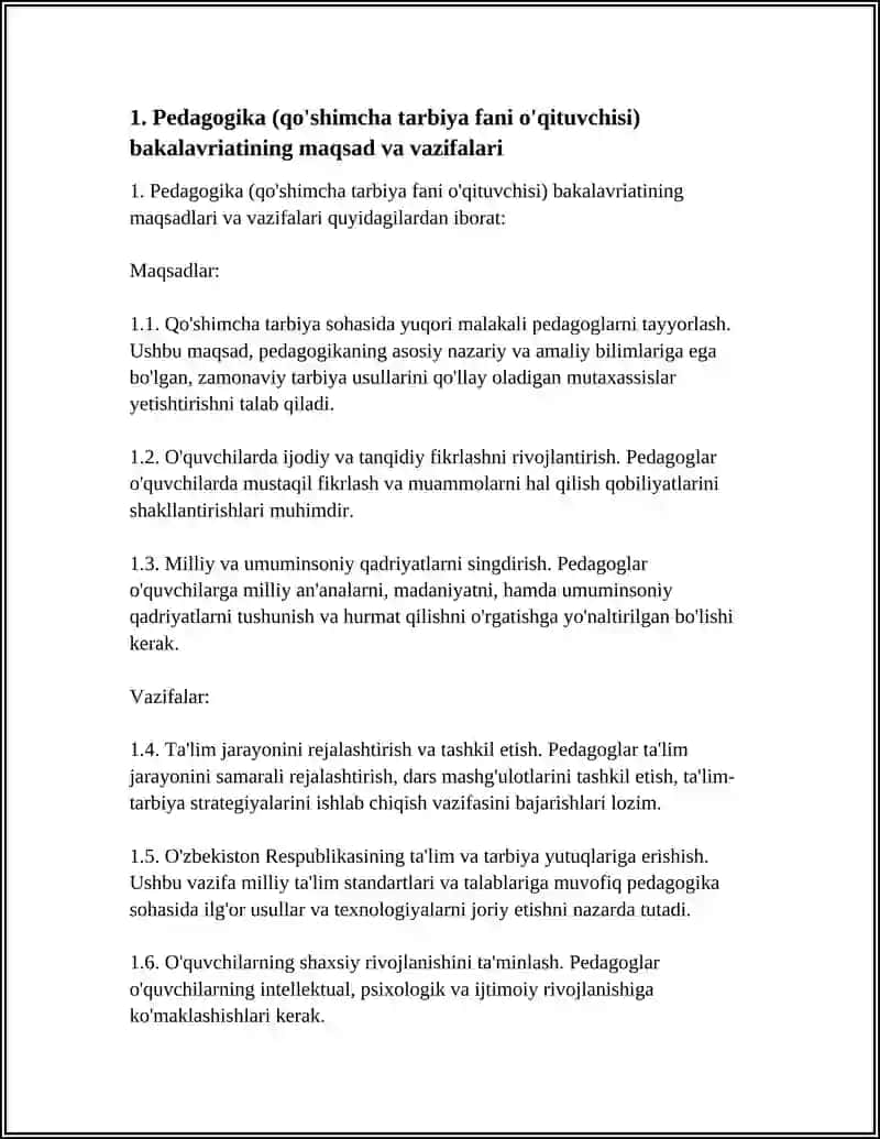 PEDAGOGIKA (QO'SHIMCHA TARBIYA FANI O'QITUVCHISI) BAKALAVRIAT TA'LIM YO'NALISHI 4