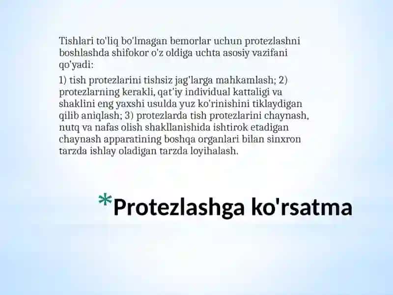 Keksalik yoshdagi bemorlarni tishlarini to'liq yo'qotilgandagi holati. Terminologiya. Tishsiz jag'larning anatomik va topografik xususiyatlari 4