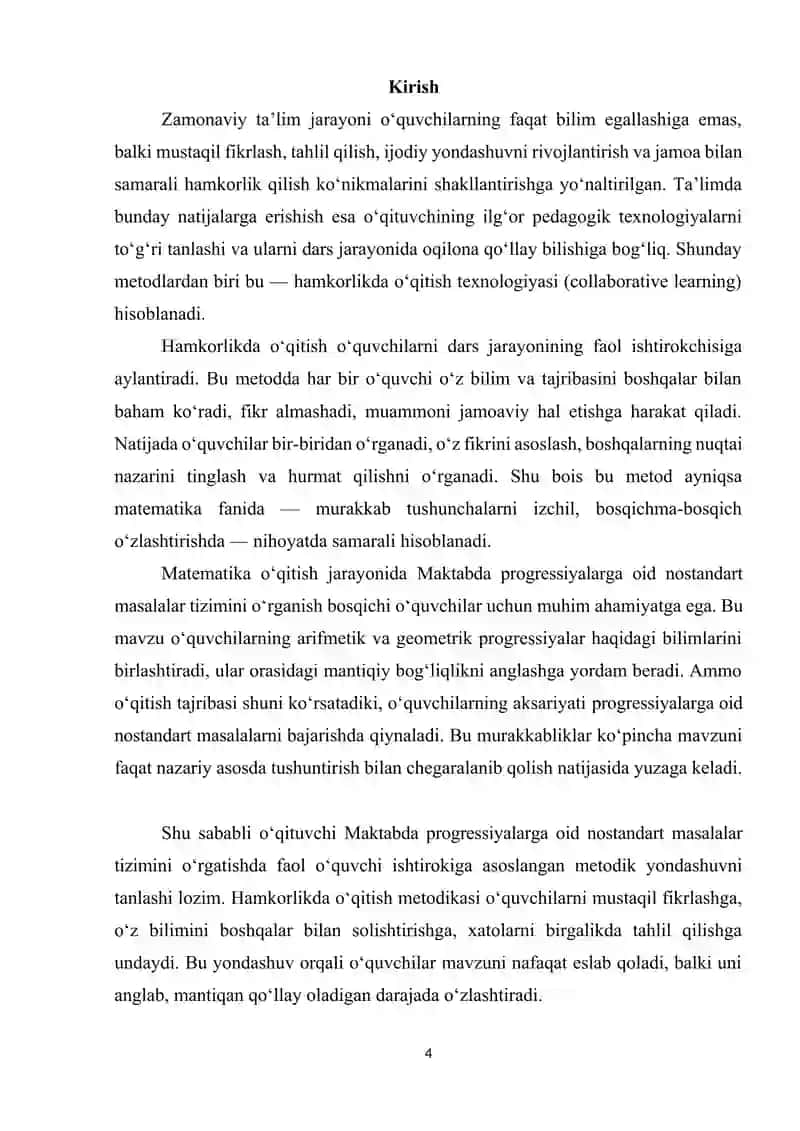 Maktabda progressiyalarga oid nostandart masalalar tizimi mikrodars 4