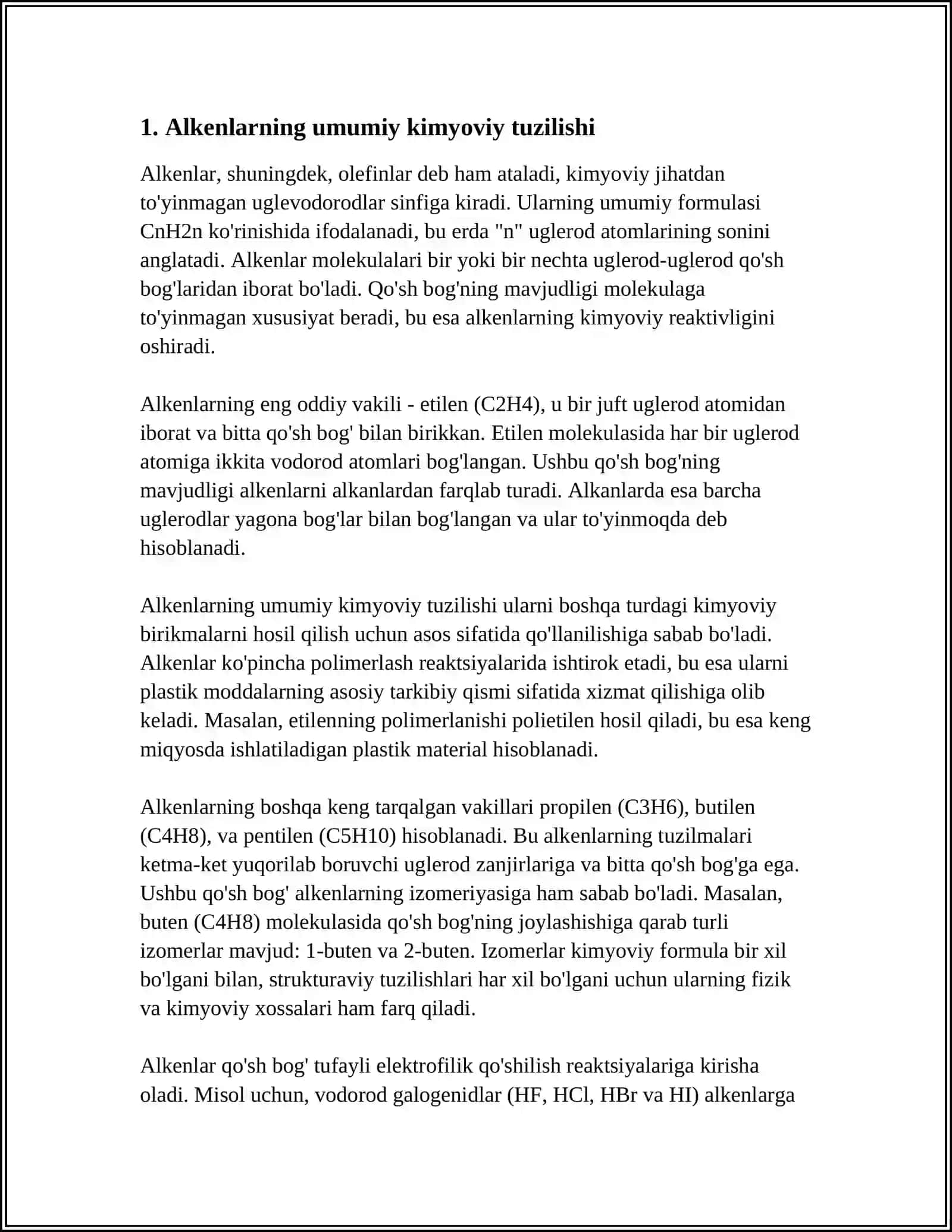 ALKENLAR. NOMLANISHI. OLINISHI. FIZIK-KIMYOVIY XUSUSIYATLARI 4