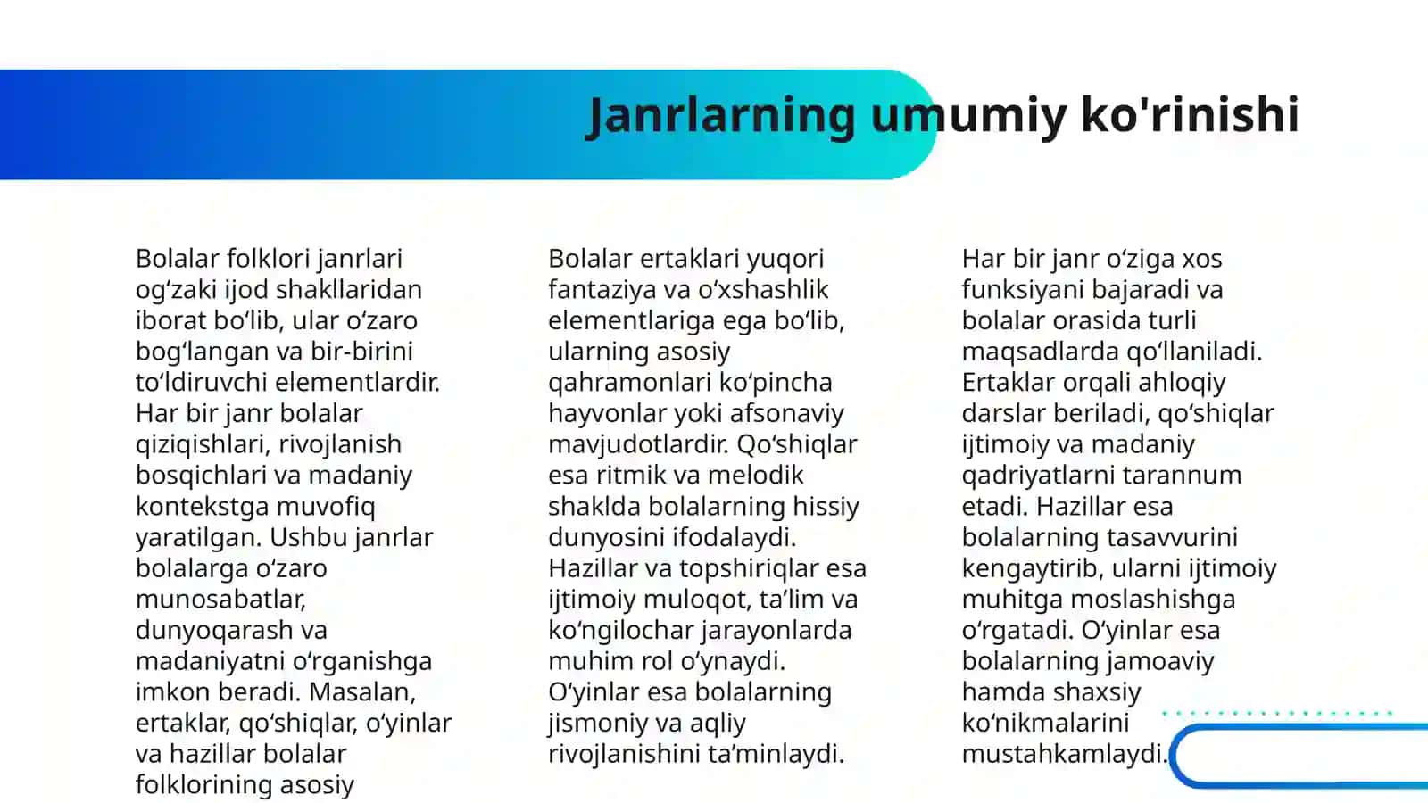 BOLALAR FOLKLORI JANRLARI VA ULARNING O‘ZIGA XOS JIHATLARI VA HAR BIR JANRGA MISOLLAR 4