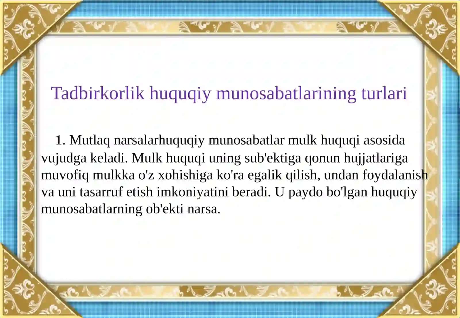 TADBIRKORLIK(BIZNES) HUQUQIY MUNOSABATLAR MAVZUSIDA TAYYORLAGAN 4