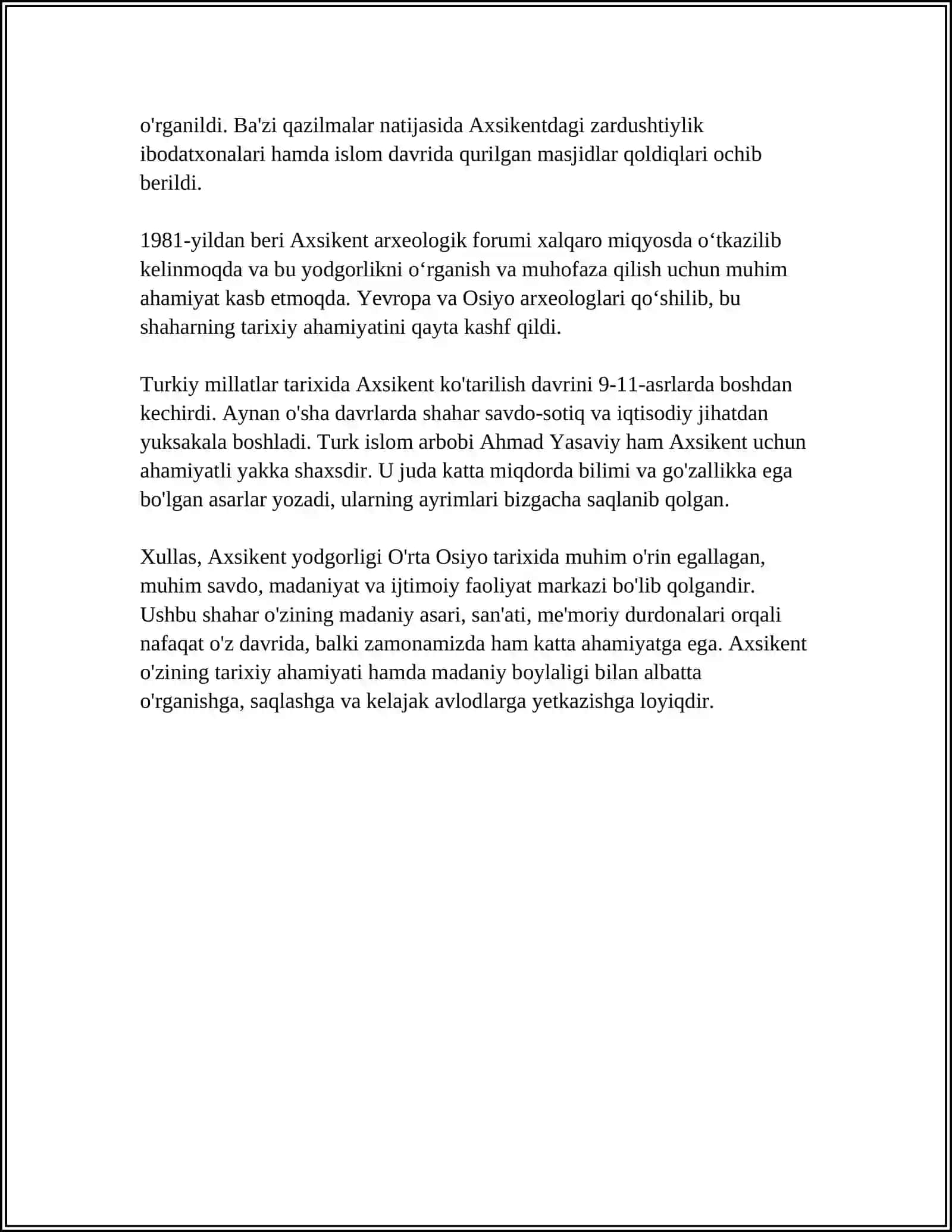 AXSIKENT YODGORLIGI. KECHA VA BUGUN 4