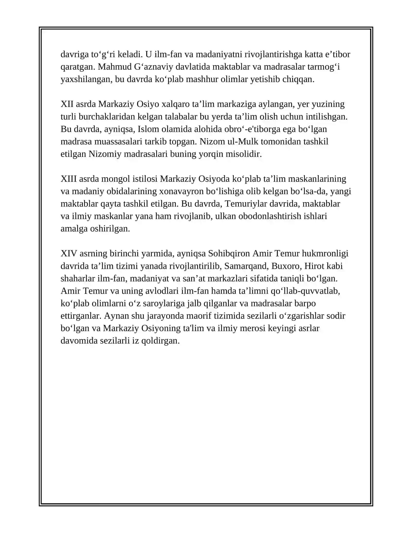 VII ASRDAN XIV ASRNING BIRINCHI YARMIGACHA OʻRTA OSIYODA TARBIYA, MAKTAB VA PEDAGOGIK FIKRLAR 4