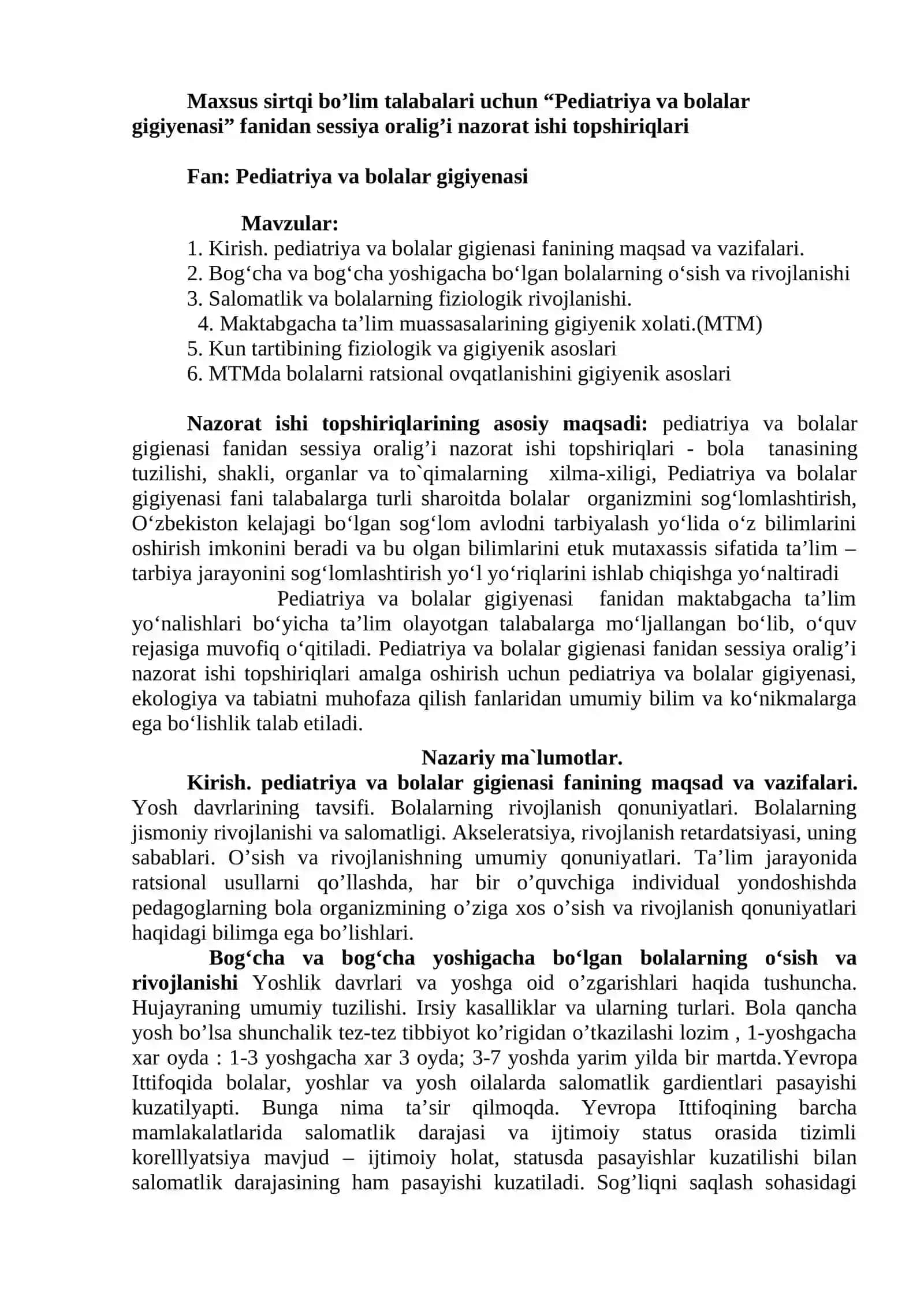 Pediatriya va bolalar gigiyenasi fanidan sessiya oralig’i nazorat ishi topshiriqlari 4