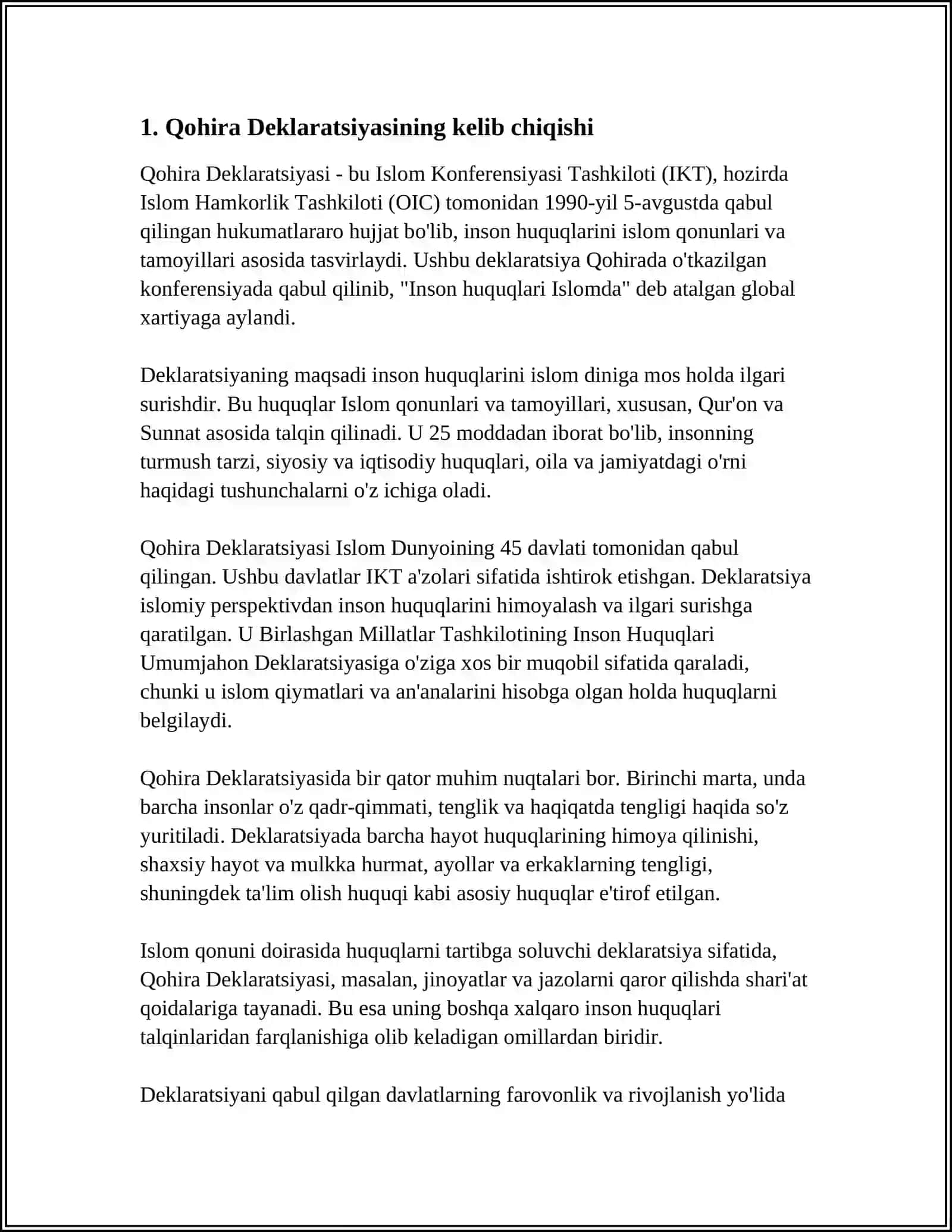 QOHIRA DEKLARATSIYASI TARIXI VA MAZMUNI BORASIDA TAHLILIY MAQOLA TAYYORLASH 4