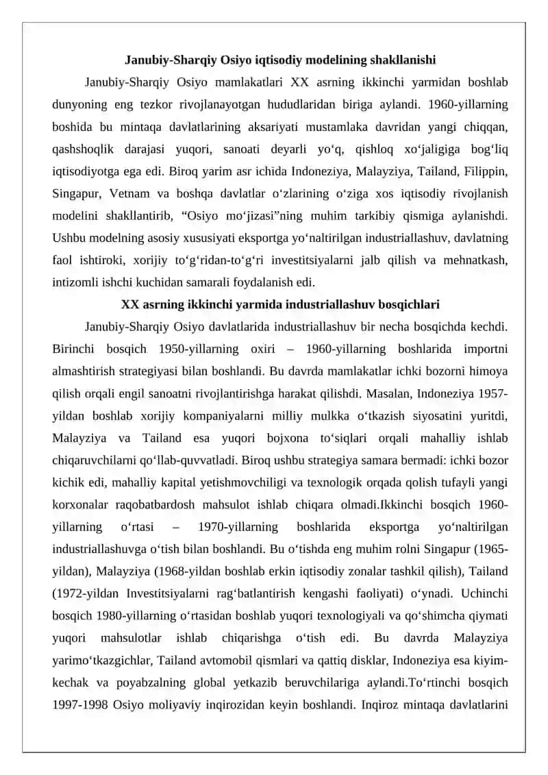 Janubiy sharqiy Osiyo mamlakatlarining XX-XXI asrda iqtisodiy rivojlanish modeli 4