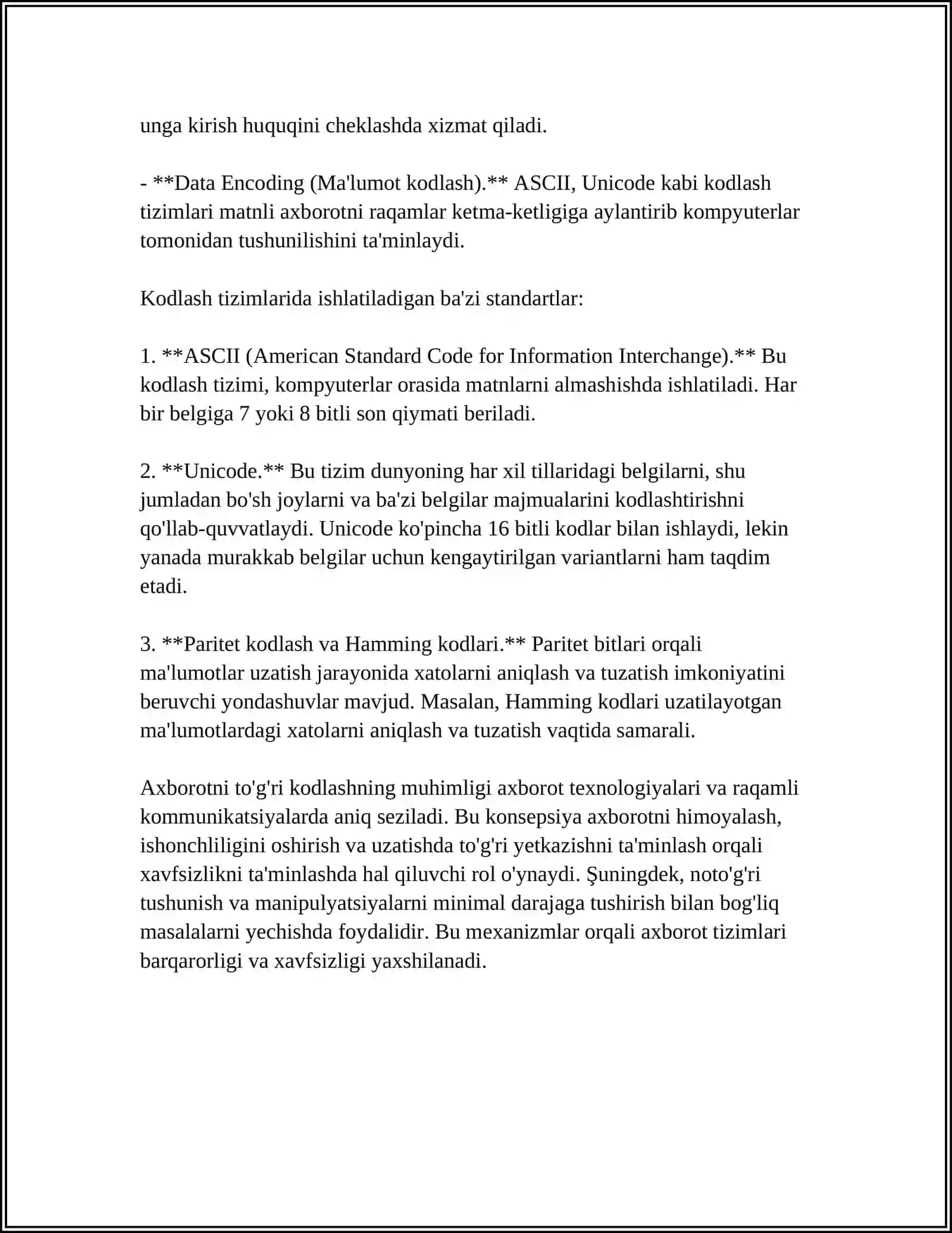 AXBOROTNING TOʻGʻRI, TESKARI, TOʻLDIRUVCHI VA MODIFIKATSIYALASHGAN KODLARI 4
