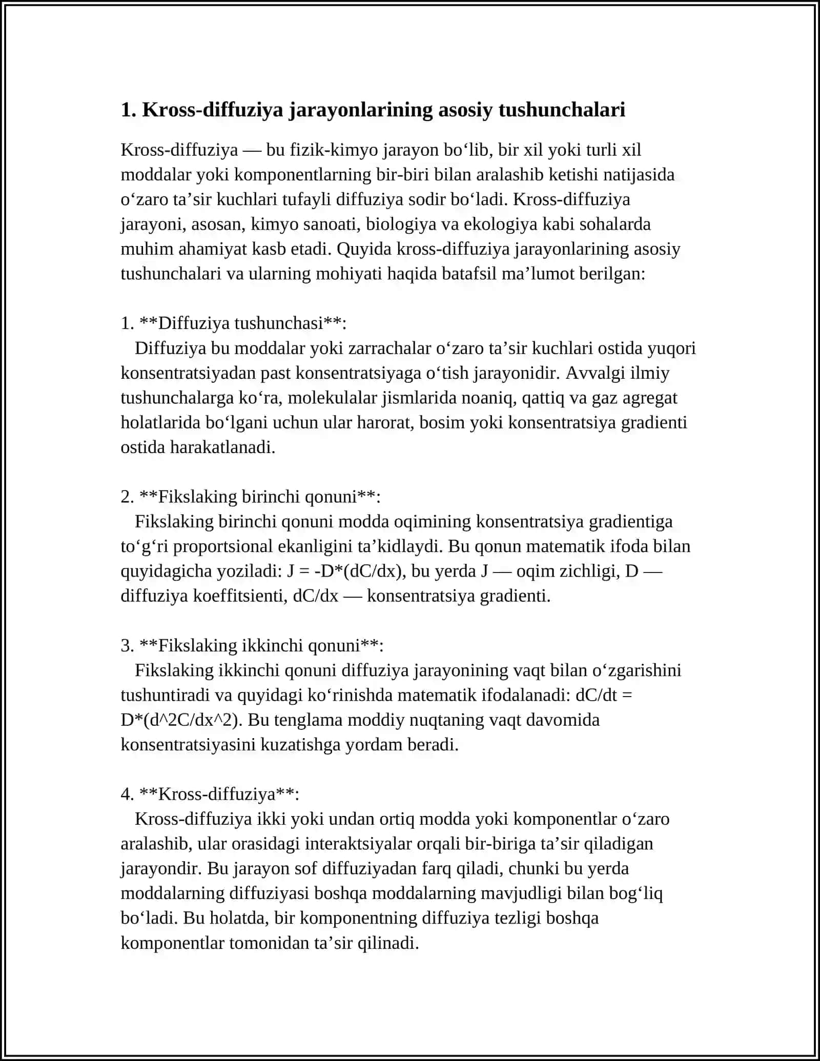 KROSS-DIFFUZIYA JARAYONLAR MATEMATIK MODELLARDA YUZ BERADIGAN YANGI NOCHIZIQLI HODISALAR TAHLILI 4