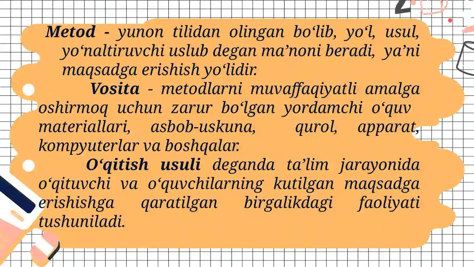 TAʻLIMSHAKLLARI, METODLARI VA VOSITALARI TASNIFI.ZAMONAVIY DARS TIPOLOGIYASI VA UNGA QO‘YILADIGANDIDAKTIK TALABLAR 4