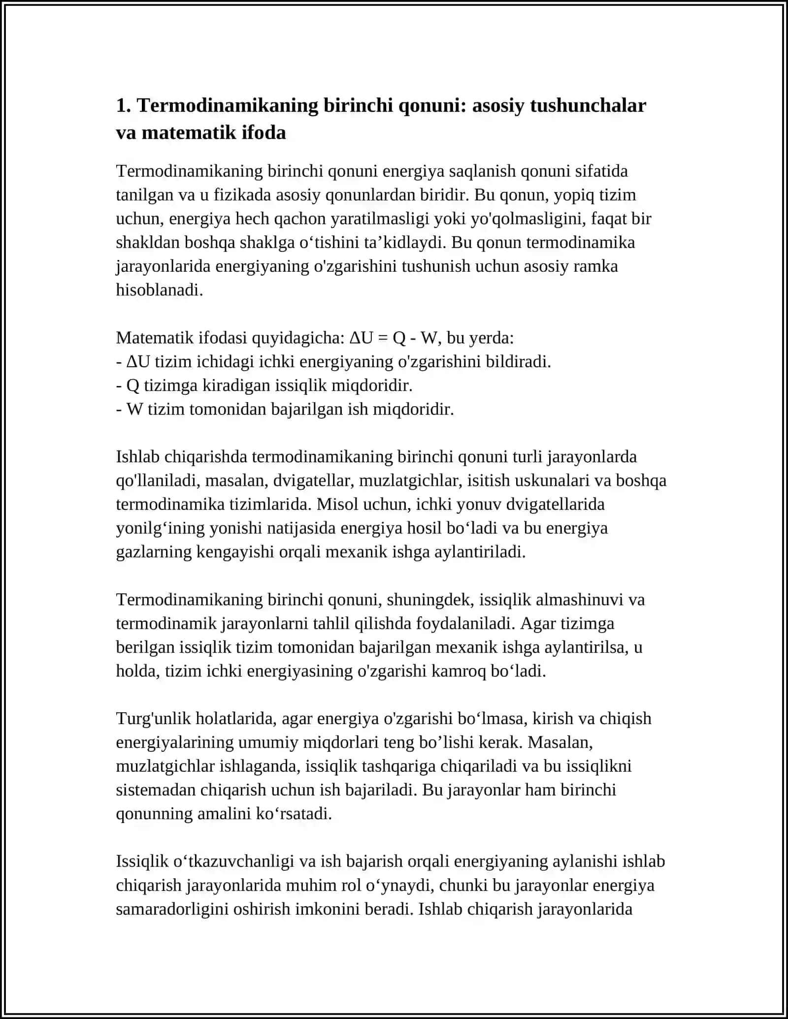 TERMODINAMIKANING BIRINCHI QONUNI VA UNI ISHLAB CHIQARISH JARAYONLARIDAGI ROLI 4