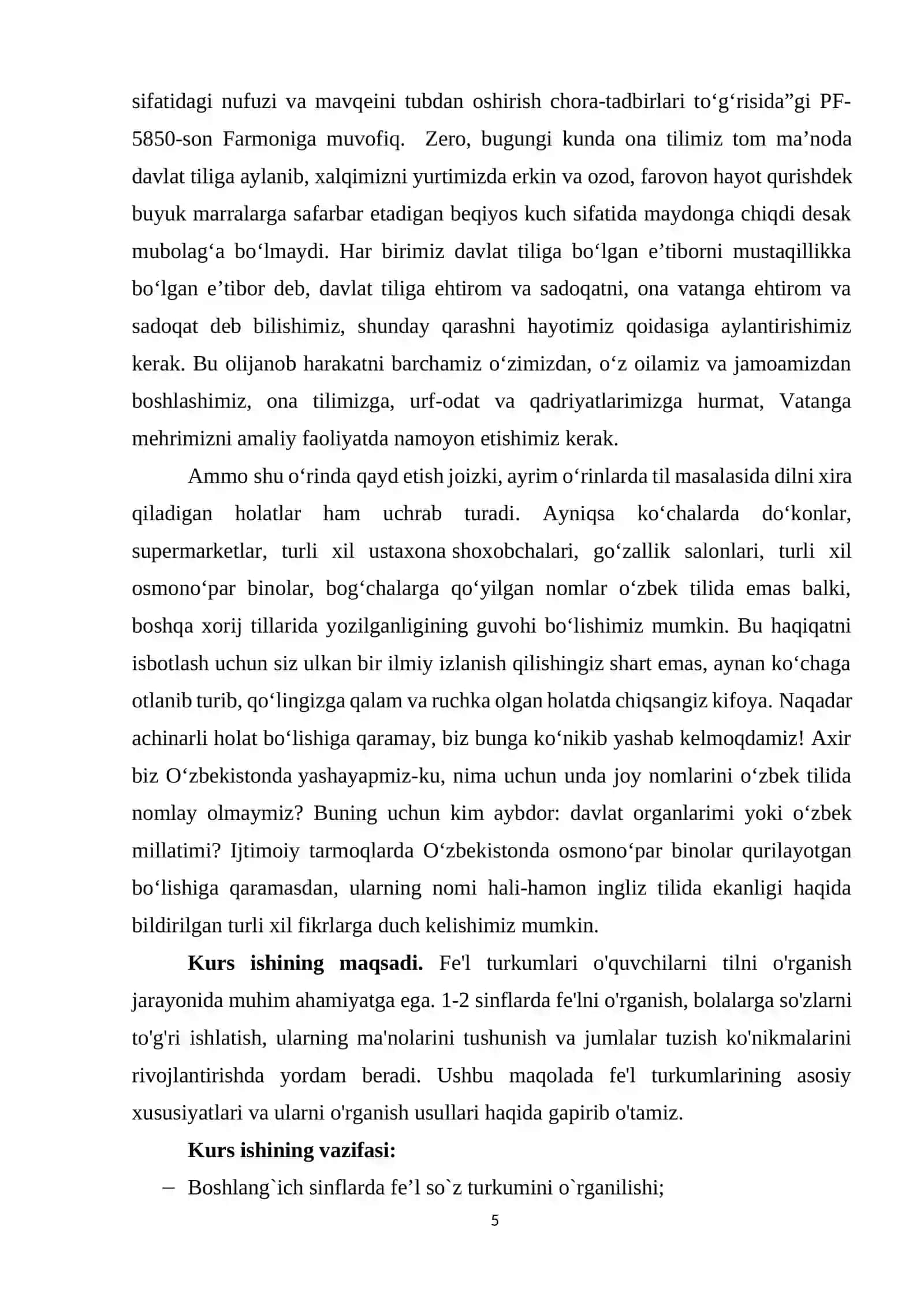 1-2 SINFLARDA  FE'L  TURKUMLARINI  O'RGANISH. KURS ISHI 4