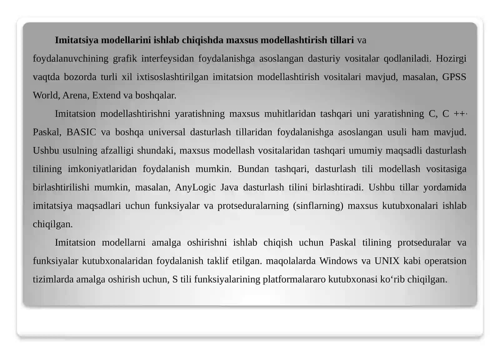 Imitatsiya modellarini ishlab chiqishda maxsus modellashtirish tillari 4