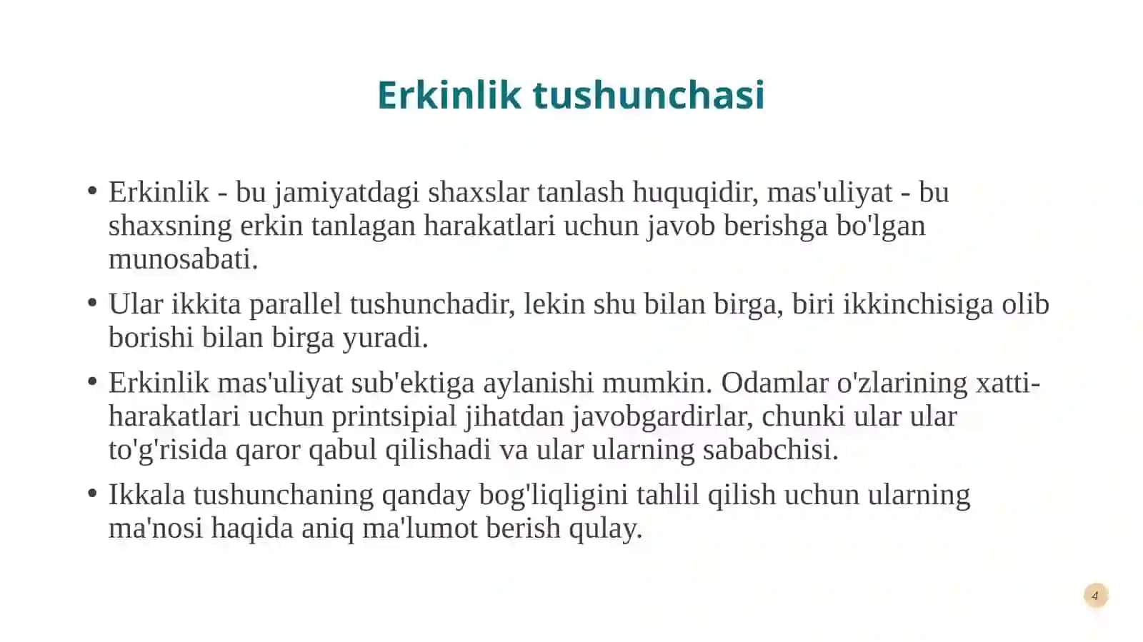 Erkinlik va javobgarlik jihatlarini shaxstanlantirishning o'lchami sifatida 4