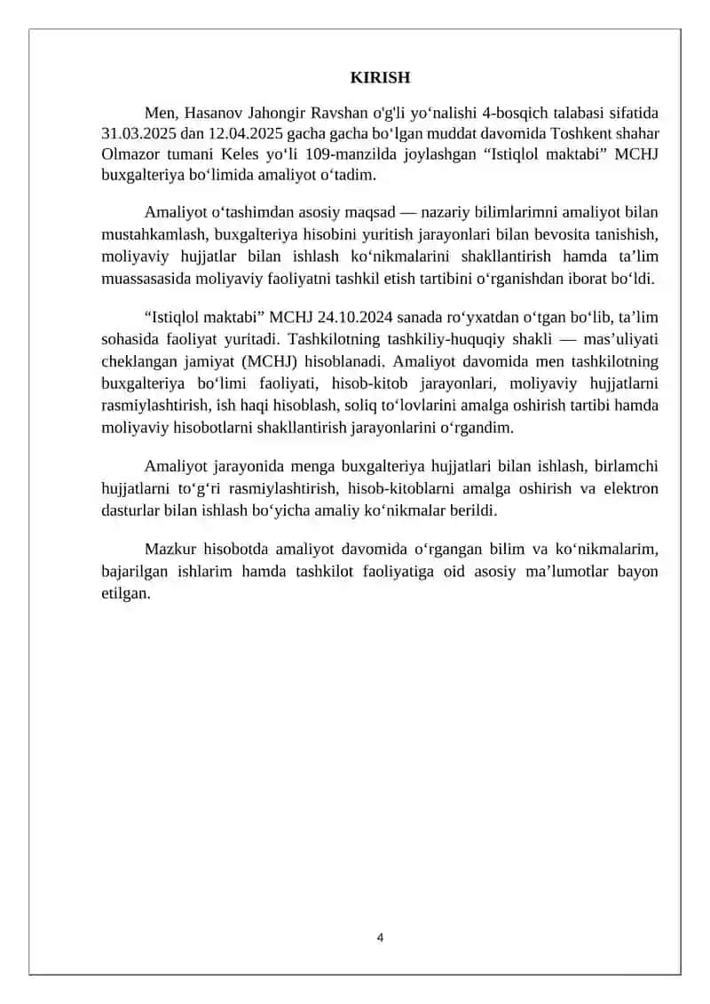 Maktab(xususiy mchj) boʻyicha Amaliyot hisoboti . (Buxgalteriya boʻlimi) 4