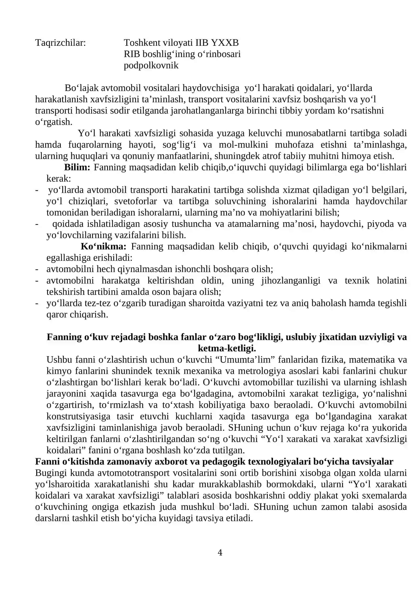 Yo'l xarakati qoidalari va xarakat xavfsizligi O'MT 180 soatlik 4
